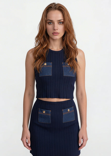 Alessia - Ribbed Knit Co-Ord with Denim Pockets