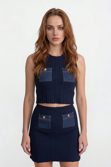 Alessia - Ribbed Knit Co-Ord with Denim Pockets