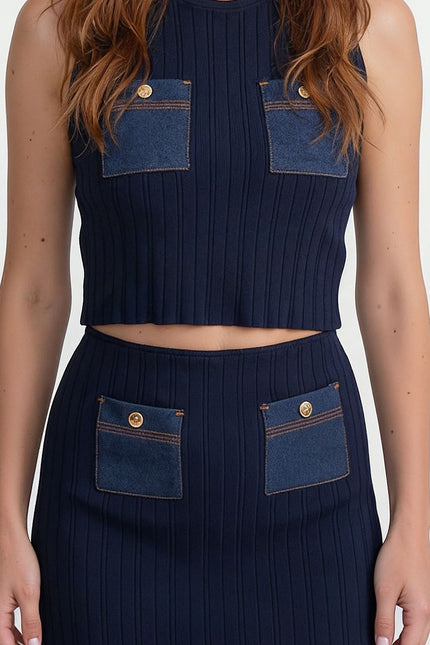 Alessia - Ribbed Knit Co-Ord with Denim Pockets