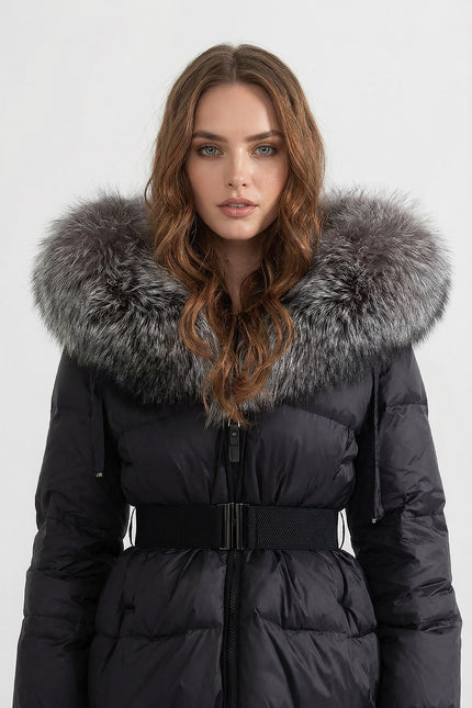 Alice - Belted Puffer Jacket with Fox Fur Lined Hood