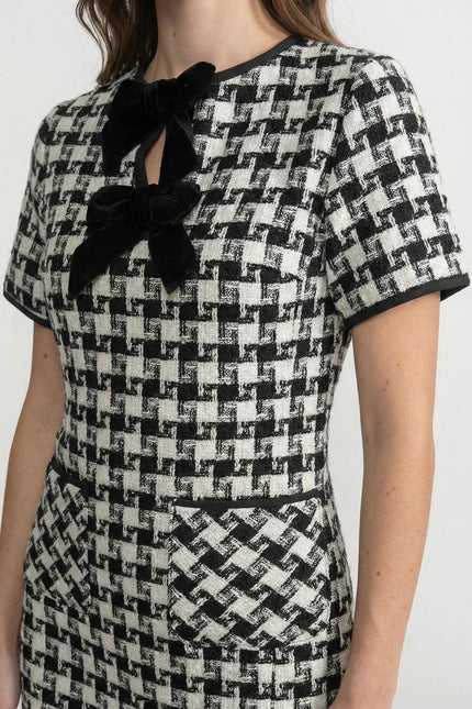 Amarante - Velvet Bow Tweed Mini Dress With Check Pattern