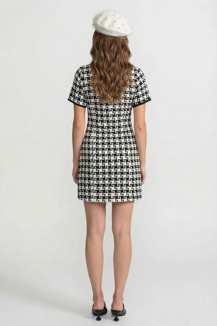 Amarante - Velvet Bow Tweed Mini Dress With Check Pattern