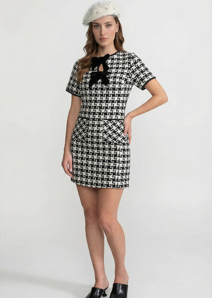 Amarante - Velvet Bow Tweed Mini Dress With Check Pattern