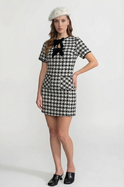 Amarante - Velvet Bow Tweed Mini Dress With Check Pattern