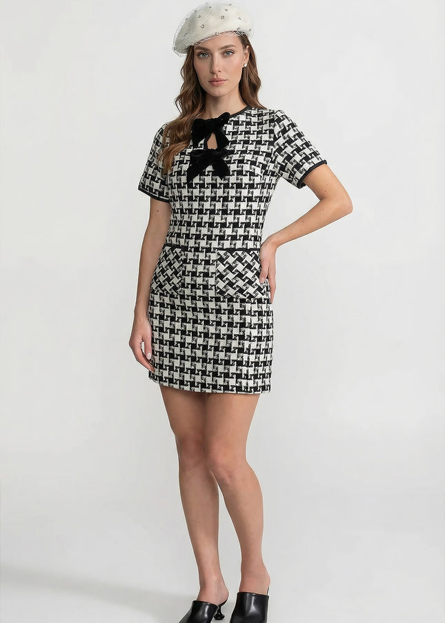 Amarante - Velvet Bow Tweed Mini Dress With Check Pattern