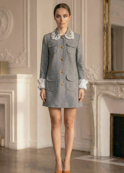 Anastasia - Mini Coat with Lace Pearl Collar