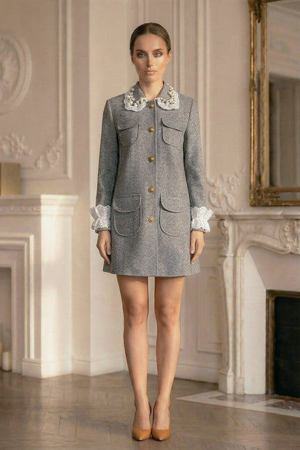 Anastasia - Mini Coat with Lace Pearl Collar