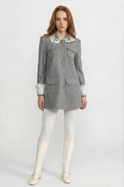Anastasia - Mini Coat with Lace Pearl Collar