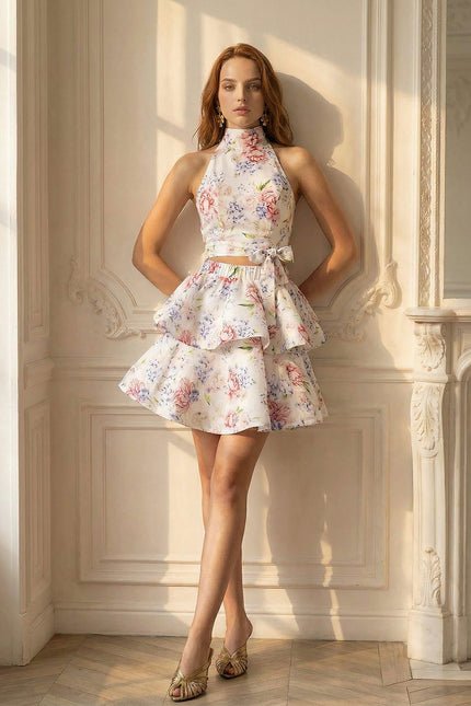 Anémone - Floral Halter Top and Ruffle Mini Skirt Set