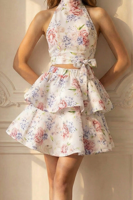 Anémone - Floral Halter Top and Ruffle Mini Skirt Set