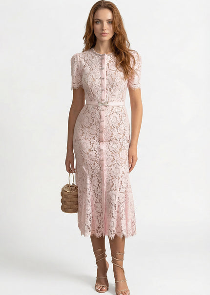 Anne - Floral Lace Fitted Dress with Button Accents & Scalloped Hem
