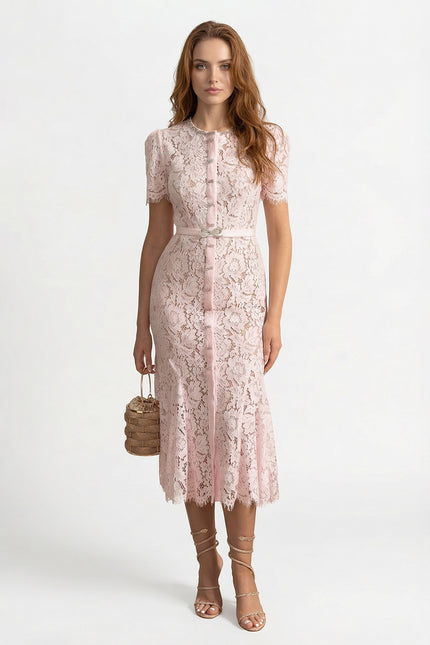 Anne - Floral Lace Fitted Dress with Button Accents & Scalloped Hem