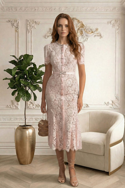 Anne - Floral Lace Fitted Dress with Button Accents & Scalloped Hem