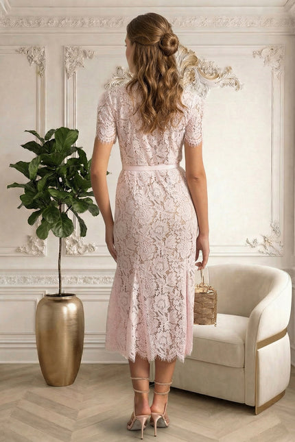 Anne - Floral Lace Fitted Dress with Button Accents & Scalloped Hem