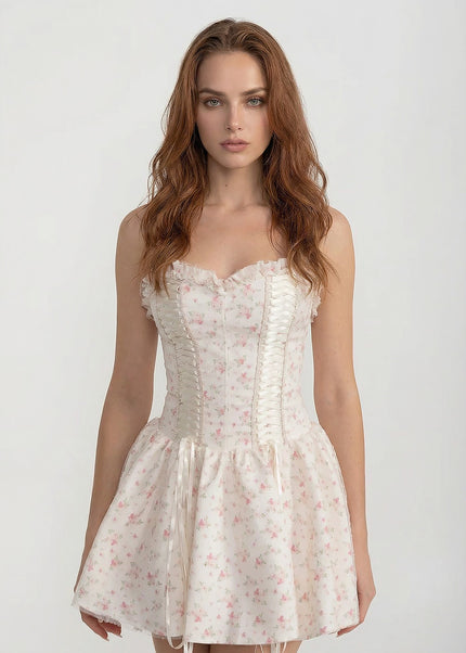 Aurore - Corset Mini Dress with Sweetheart Neckline and Floral Detail