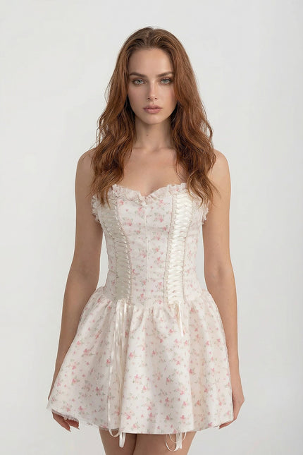 Aurore - Corset Mini Dress with Sweetheart Neckline and Floral Detail