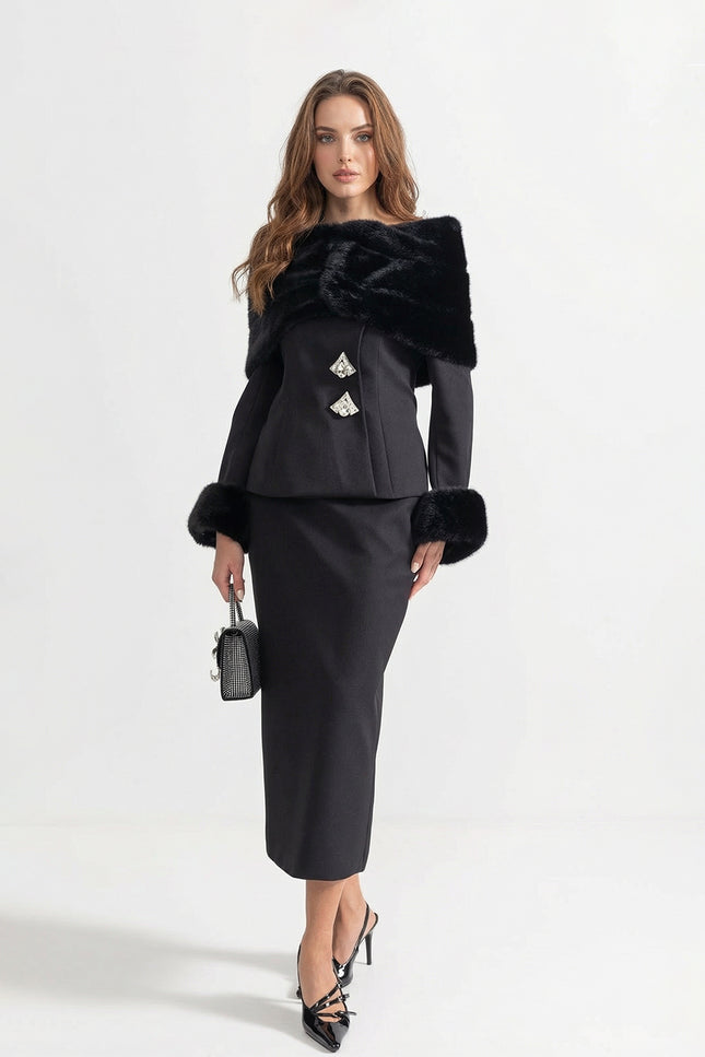 Ayla - Two Piece Faux Fur Set with Midi Skirt
