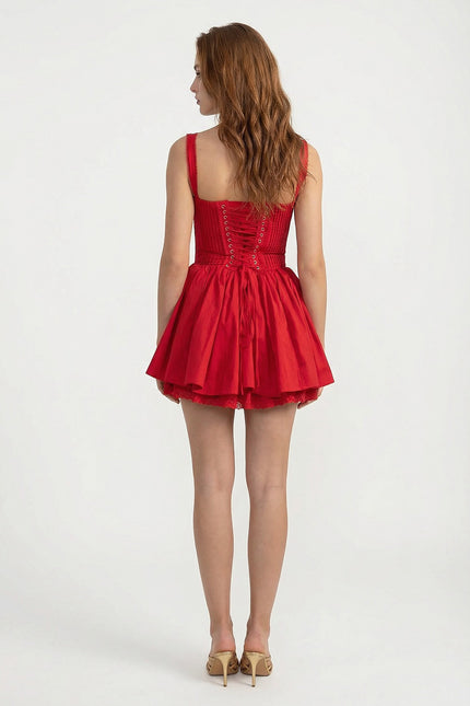 Bellaria - Lace-Up Back Bustier Dress with Gathered Hem