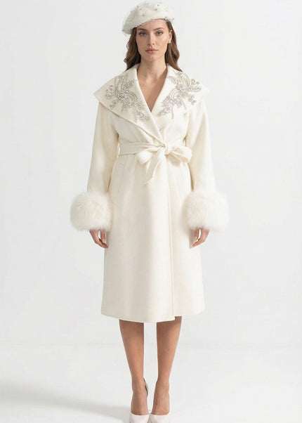 Bianca - Luxury Cashmere Overcoat with Fox Fur Cuffs & 3D Floral Detail