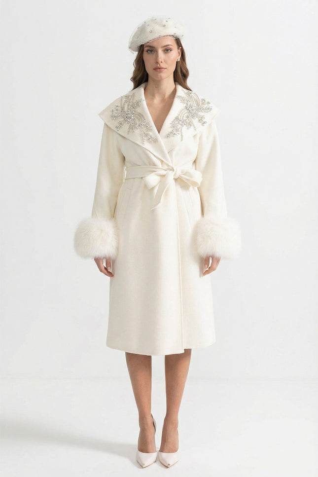 Bianca - Luxury Cashmere Overcoat with Fox Fur Cuffs & 3D Floral Detail