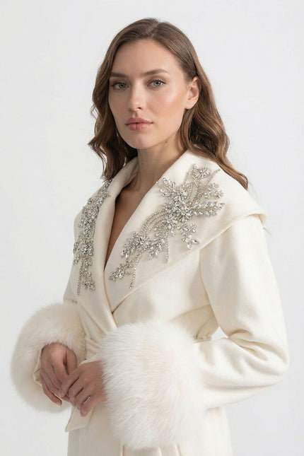 Bianca - Luxury Cashmere Overcoat with Fox Fur Cuffs & 3D Floral Detail
