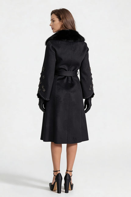 Camilla - Embellished Wool Overcoat with Fox Fur Collar