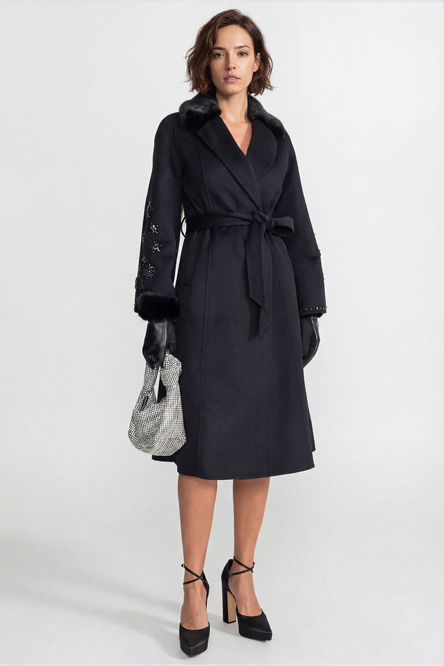 Camilla - Embellished Wool Overcoat with Fox Fur Collar