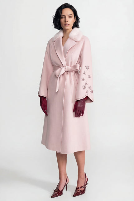 Camilla - Embellished Wool Overcoat with Fox Fur Collar