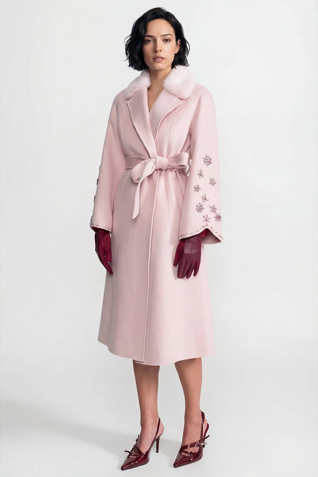 Camilla - Embellished Wool Overcoat with Fox Fur Collar