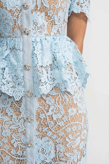 Caroline - Lace Midi Dress with Peplum Waist and Satin Collar