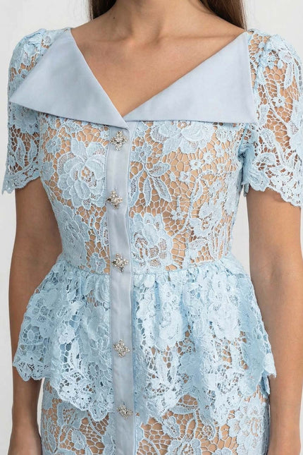 Caroline - Lace Midi Dress with Peplum Waist and Satin Collar