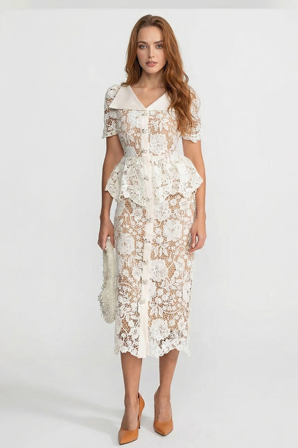 Caroline - Lace Midi Dress with Peplum Waist and Satin Collar