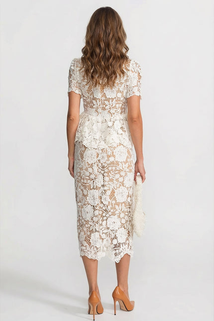 Caroline - Lace Midi Dress with Peplum Waist and Satin Collar