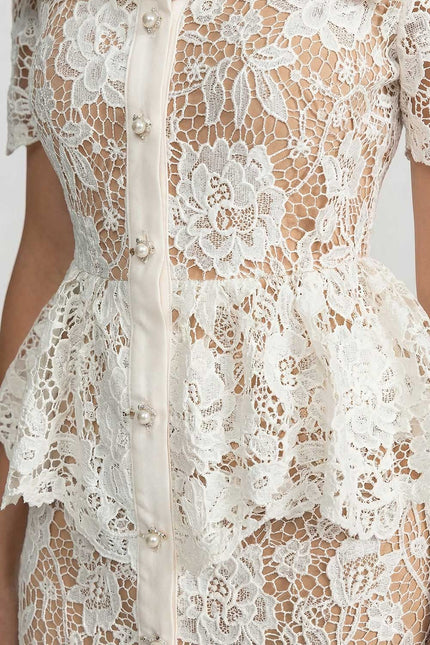Caroline - Lace Midi Dress with Peplum Waist and Satin Collar