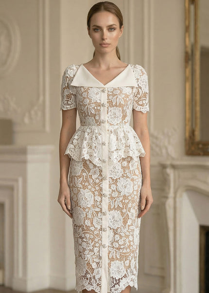 Caroline - Lace Midi Dress with Peplum Waist and Satin Collar
