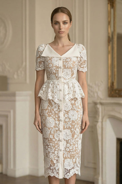 Caroline - Lace Midi Dress with Peplum Waist and Satin Collar