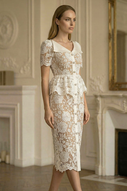Caroline - Lace Midi Dress with Peplum Waist and Satin Collar