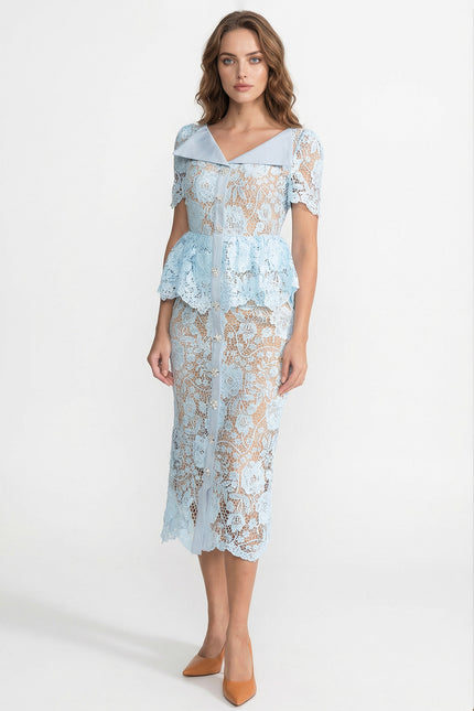 Caroline - Lace Midi Dress with Peplum Waist and Satin Collar