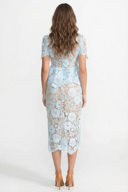 Caroline - Lace Midi Dress with Peplum Waist and Satin Collar
