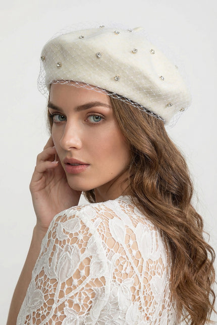Celeste - Embellished Wool Beret with Veil