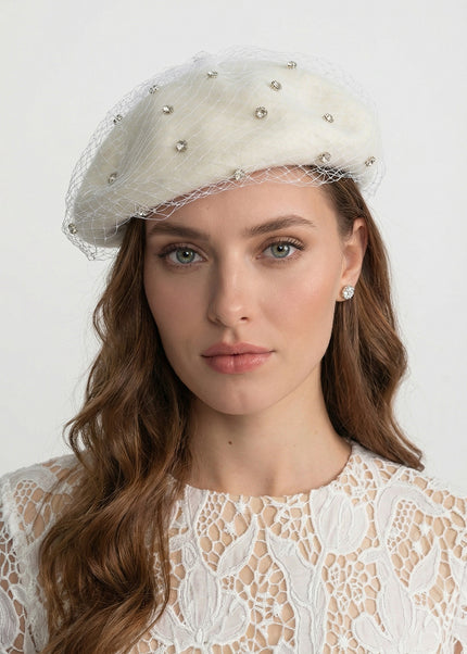 Celeste - Embellished Wool Beret with Veil