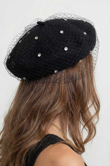 Celeste - Embellished Wool Beret with Veil