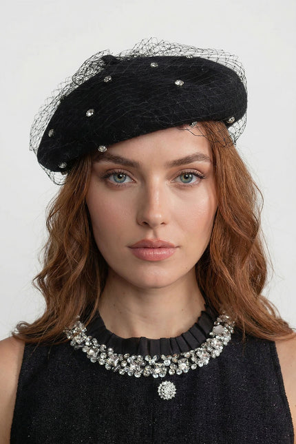 Celeste - Embellished Wool Beret with Veil