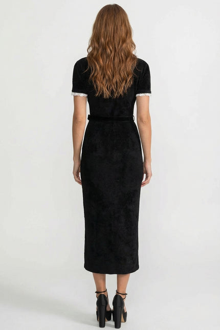 Clover - Crystal Button Lace Trim Midi Dress