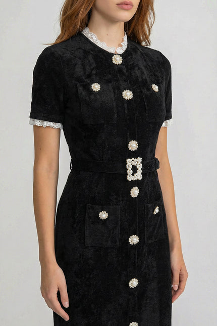 Clover - Crystal Button Lace Trim Midi Dress