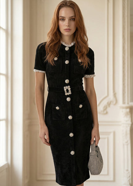 Clover - Crystal Button Lace Trim Midi Dress