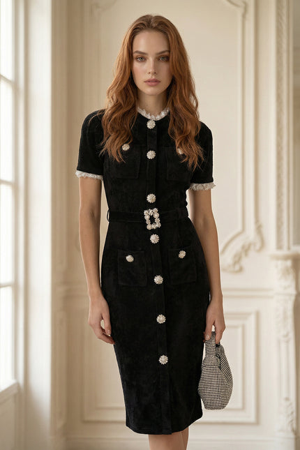 Clover - Crystal Button Lace Trim Midi Dress