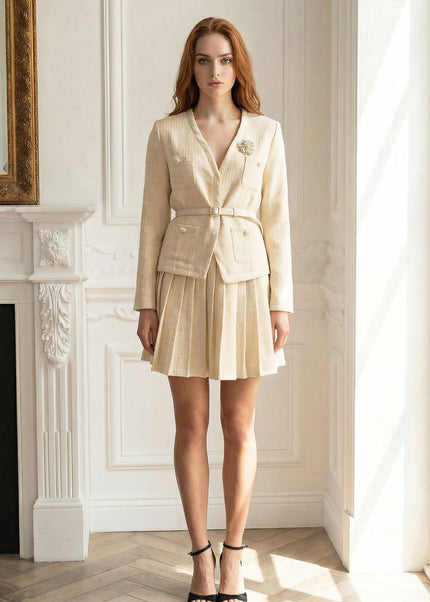 Dahlia - Textured Long Sleeve Co-Ord with Pleated Mini Skirt