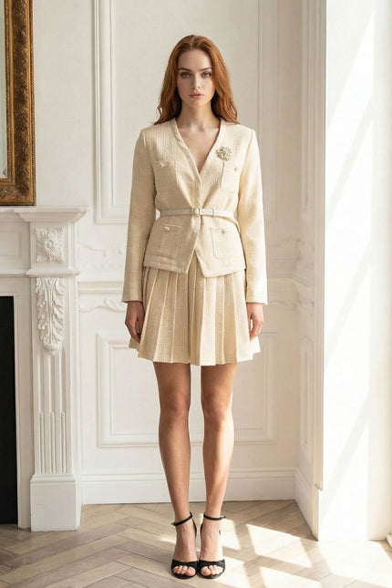 Dahlia - Textured Long Sleeve Co-Ord with Pleated Mini Skirt