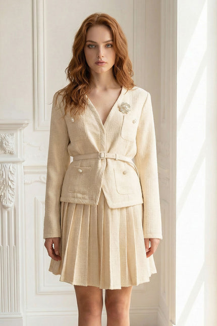 Dahlia - Textured Long Sleeve Co-Ord with Pleated Mini Skirt
